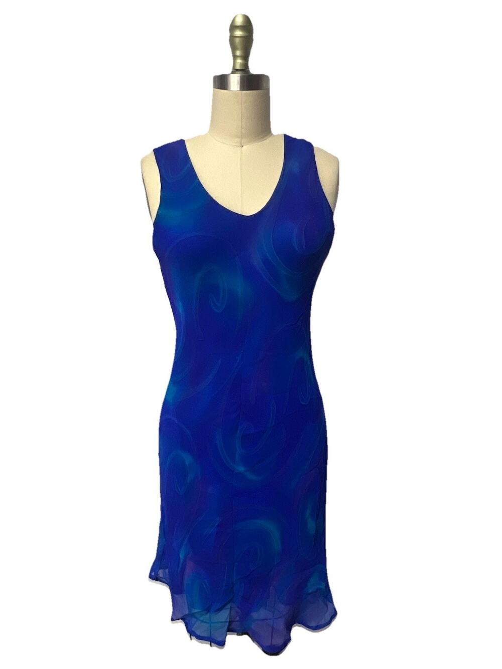 Simply Silk 100% Silk Blue Swirl Sheer Layers Midi Bias Dress Y2K Fairycore SZ S